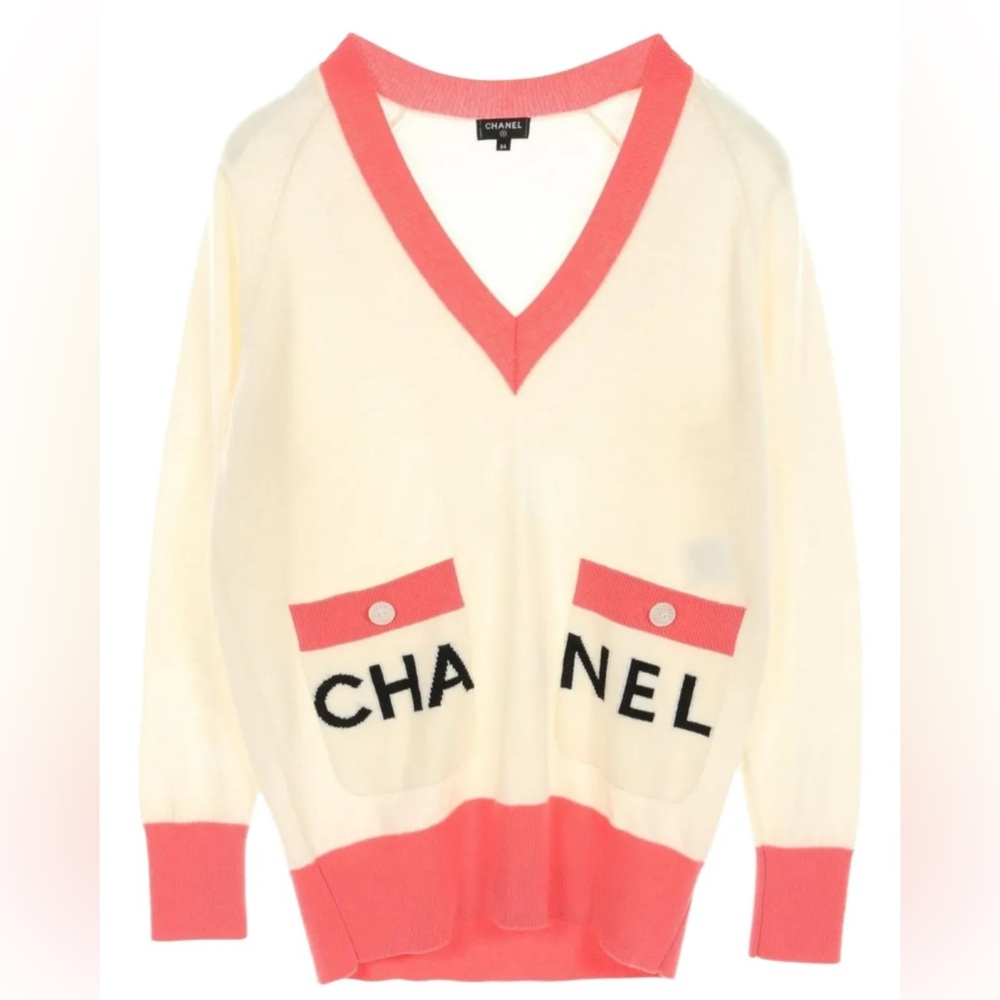 Vintage Chanel Cashmere Logo Intarsia Cardigan 36